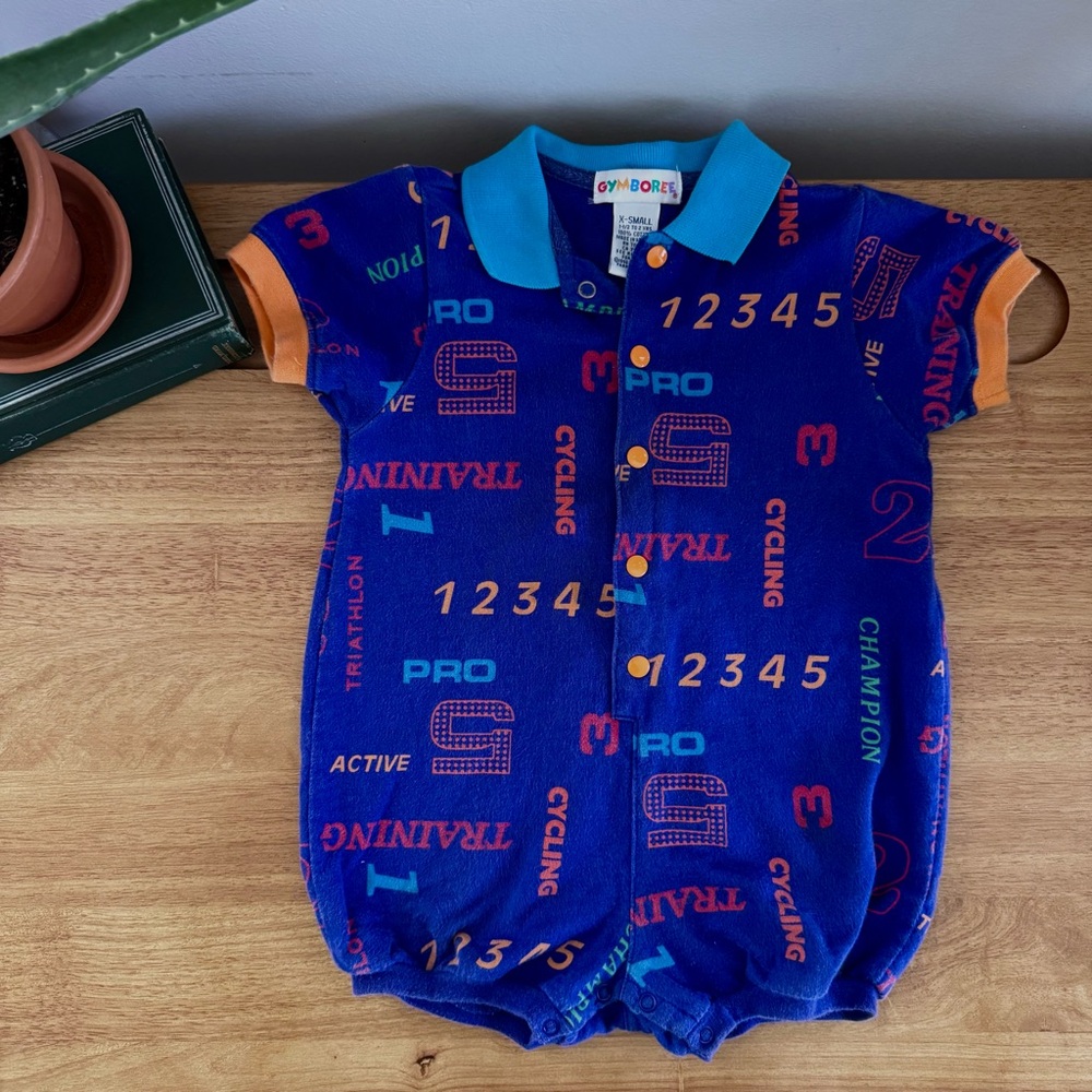 Vintage 90s Gymboree Rainbow Tag Cycling Romper Bubble One Piece Blue Rare XS